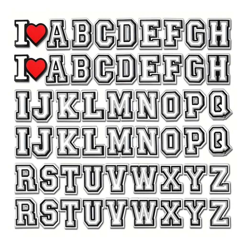 26 / 28 / 39 / 54 / 78 pièces de breloques pour chaussures – Série lettres de l’alphabet et cœurs. Accessoires DIY pour personnaliser les sandales, sacs de plage et chaussures. Pin’s décoratifs pour chaussures permettant de créer des styles variés.