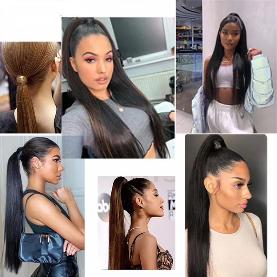 Extension de queue de cheval lisse à clip – cheveux humains 100 % Remy, couleur noir naturel, postiche queue de cheval pour femme
