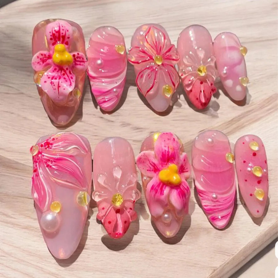 24 pièces mi-long doré amande ongles ensemble presse sur 3D fleur dégradé rose couverture complète faux ongles conseils perle réutilisable faux ongles