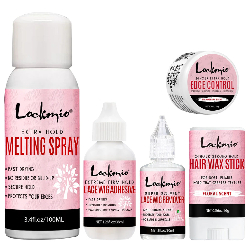 LOCKMIO Spray Fixateur de Dentelle, Dissolvant de Colle pour Perruques, Cire Coiffante Lissante et Gel de Contrôle des Bords pour Kit d'Installation de Perruques de Cosplay