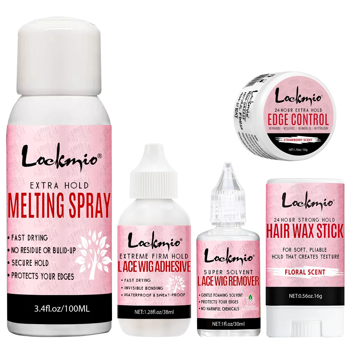 LOCKMIO Spray Fixateur de Dentelle, Dissolvant de Colle pour Perruques, Cire Coiffante Lissante et Gel de Contrôle des Bords pour Kit d'Installation de Perruques de Cosplay
