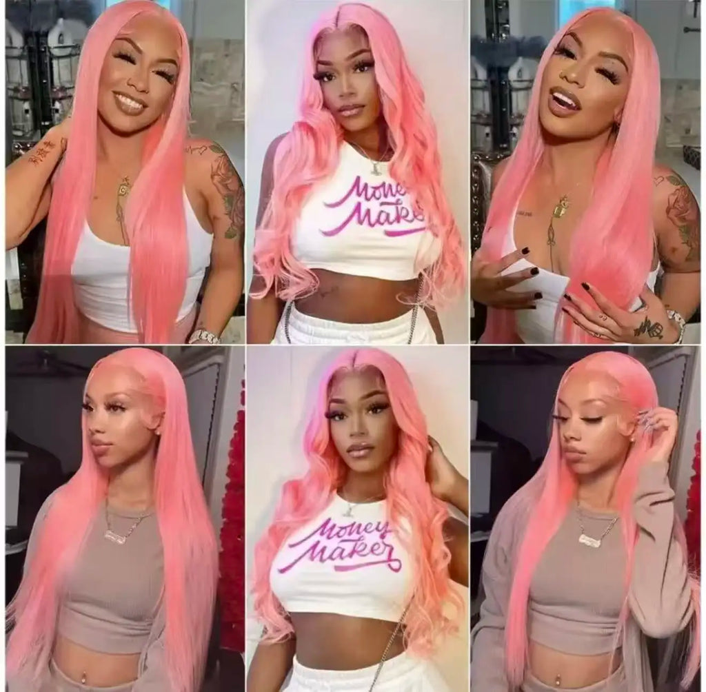Perruque Lace Frontal Wig synthétique lisse et soyeuse de couleur rose, 13x4x1, sans colle, pre-plucked, pour femmes noires, cheveux doux pour fête quotidienne
