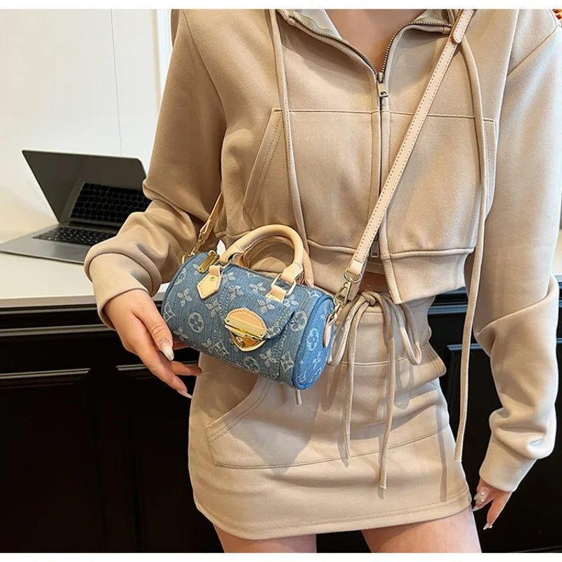 Sacs en jean tendance pour femmes, sacs bandoulière élégants et polyvalents, sacs à main cylindriques ronds à la mode