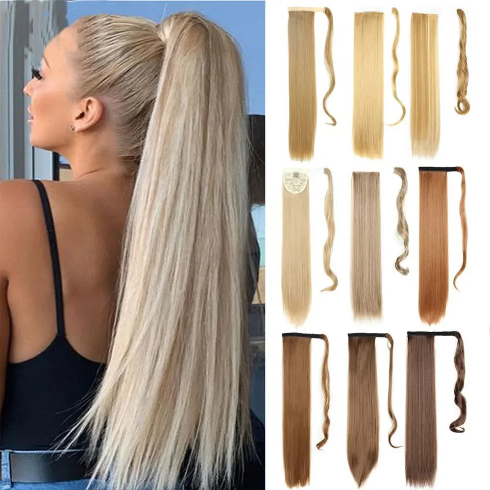 Queue de cheval synthétique longue et droite de 22 pouces, extension de cheveux à enrouler avec clip, résistante à la chaleur, postiche blond