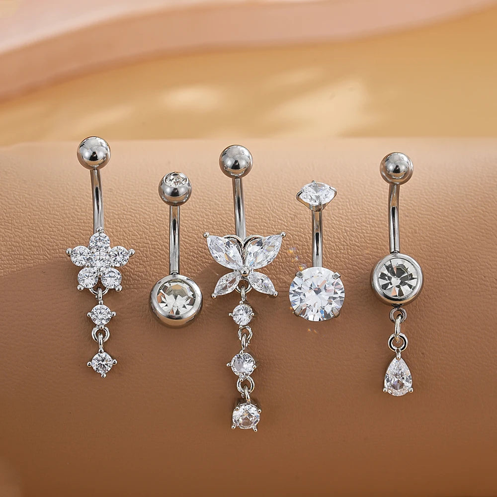 3-5 pièces ensembles de styles mixtes coeur fleur balancent nombril anneaux en acier inoxydable papillon incurvé Zircon ventre Piercing nombril anneau