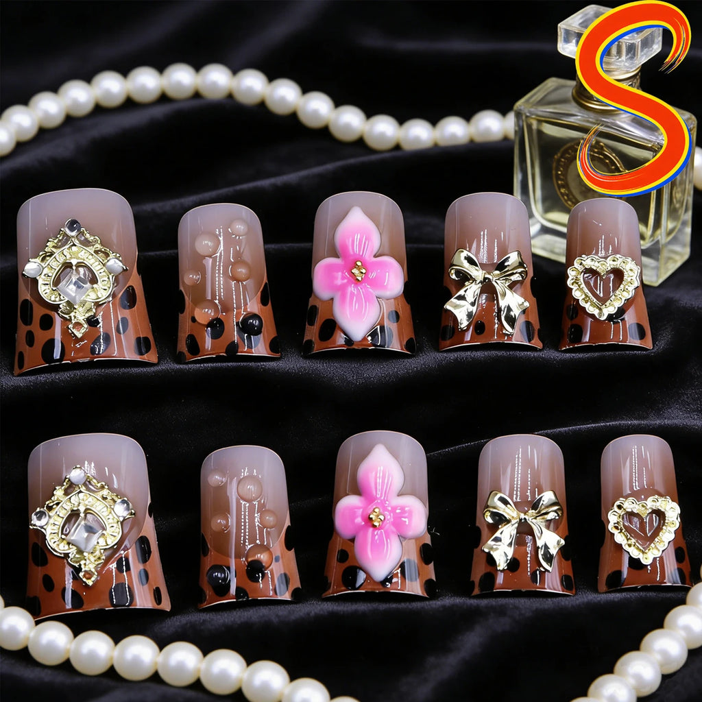 10 pièces diamant français pointu ongles courts carrés ongles nus faux ongles avec paillettes dorées diamant ongles imprimé léopard faux ongles