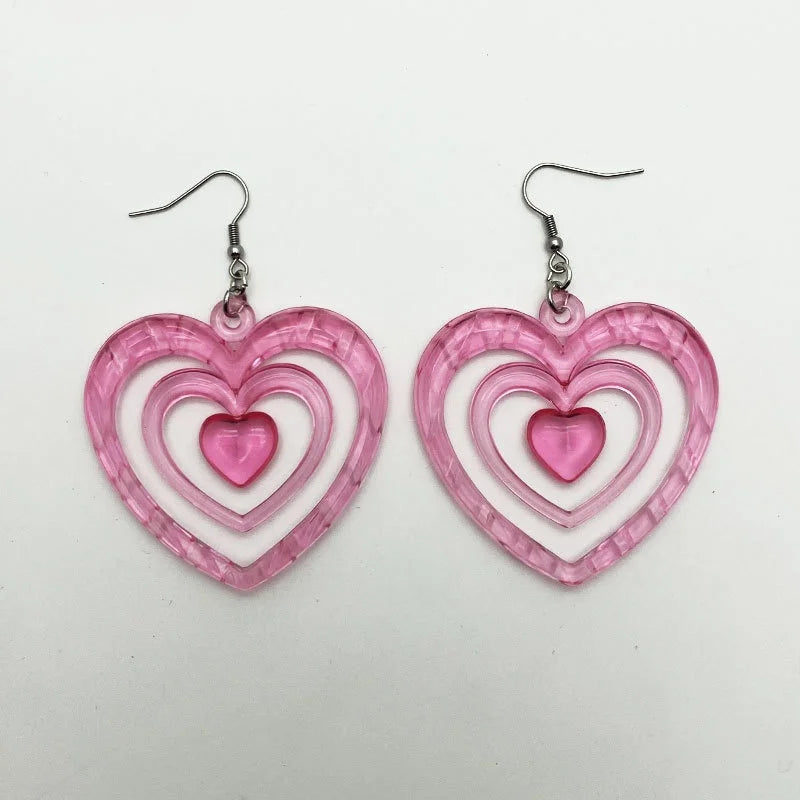 Boucles d’oreilles pendantes superposées en acrylique rose en forme de cœur, style Y2K vintage, pour femmes et filles, bijoux d’été doux pour soirée, accessoires de fête, cadeau.
