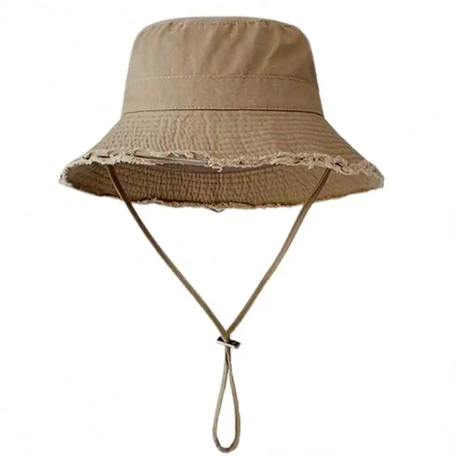 1 chapeau bob pour femme avec cordon de serrage et bords effilochés, chapeau bob d'extérieur avec sangle de menton réglable