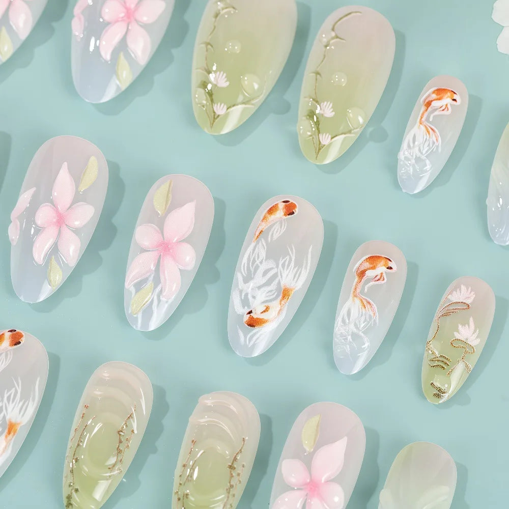 Faux ongles 3D pour femmes et filles, dégradé de fleurs en relief marron bleu avec strass, pointes d'amande d'automne et d'hiver à pression sur les faux ongles