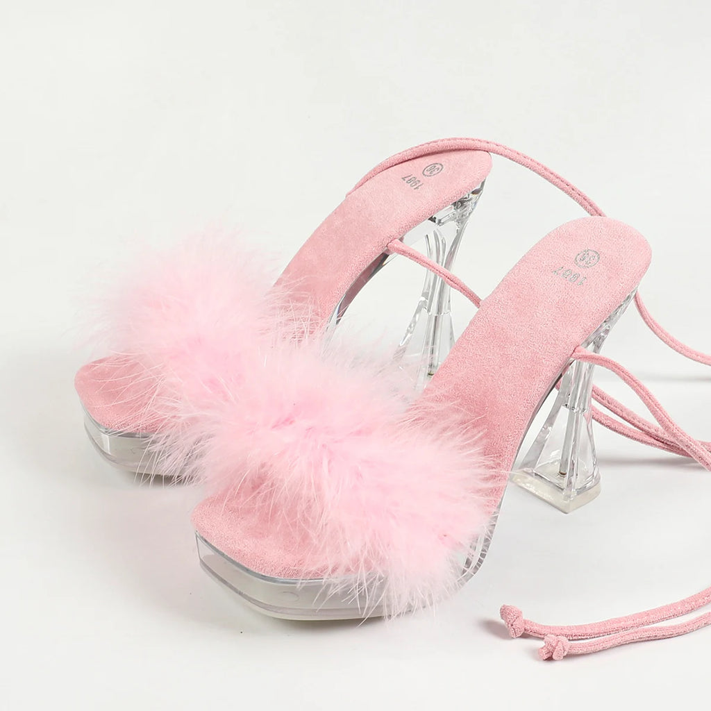 Nouvelles sandales d’été pour femmes en fourrure, à lacets autour de la cheville, talons hauts pour soirée (12 cm), modèles transparents avec cristaux, chaussures grandes tailles pour femmes, talons à bout carré.
