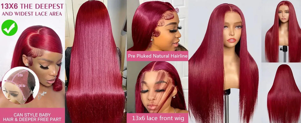 Perruque de cheveux humains lisses bordeaux avec dentelle frontale HD 13x6, 30-36 pouces, couleur rouge 99J, pour femmes