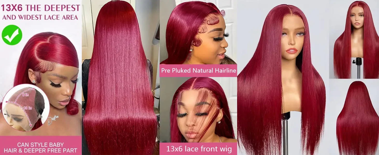Perruque de cheveux humains lisses bordeaux avec dentelle frontale HD 13x6, 30-36 pouces, couleur rouge 99J, pour femmes