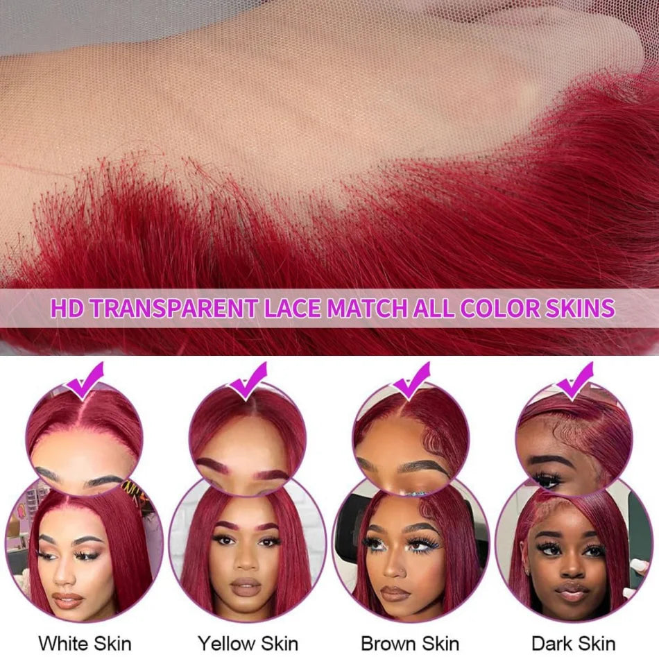 Perruque en cheveux humains raides 99J bordeaux, lace front HD 13x6, wig rouge colorée, pré-épilée, cheveux brésiliens, lace transparente frontale.