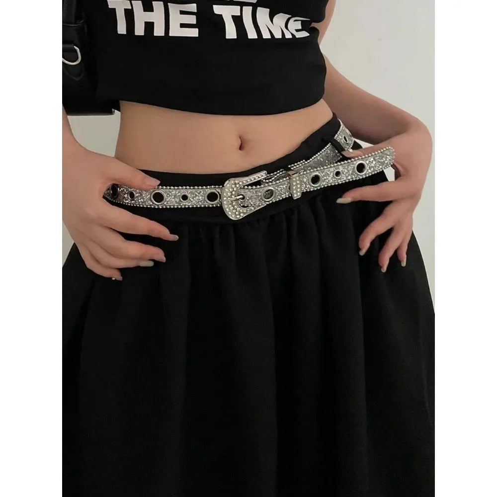 Ceinture femme mode Y2K – imprimé uni, cloutée, entièrement ornée de strass, en cuir PU, brillante style cristal, réglable, ceinture scintillante pour club et soirée