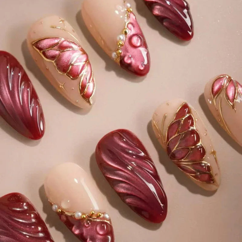 24 pièces mi-long doré amande ongles ensemble presse sur 3D fleur dégradé rose couverture complète faux ongles conseils perle réutilisable faux ongles
