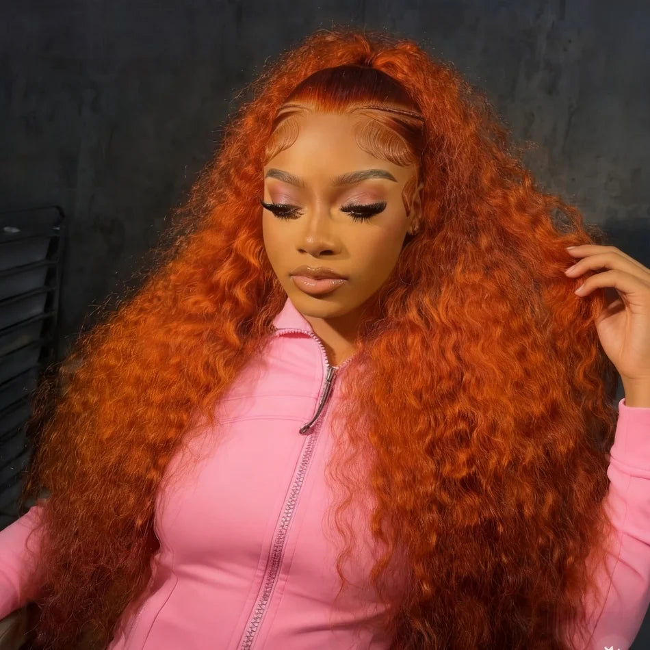 Perruques en cheveux humains ondulés profonds gingembre-orange, bouclées, avec dentelle frontale HD 13x6, effet vague d'eau, pré-plumées, brésiliennes, colorées, pour femmes