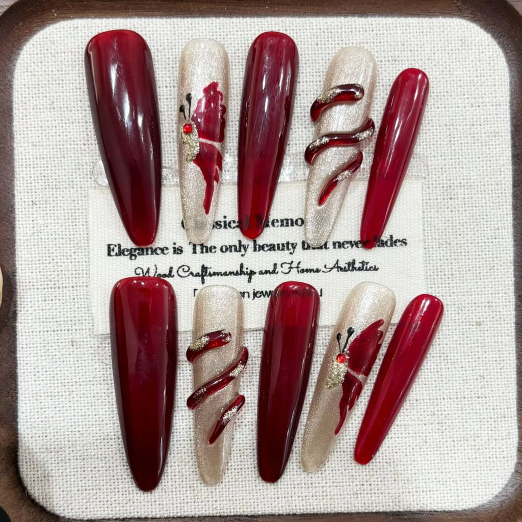 10 pièces oeil de chat rouge faux ongles faits à la main conseils fleur de serpent conception longue ovale faux ongles Art portable diamant amande presse sur les ongles