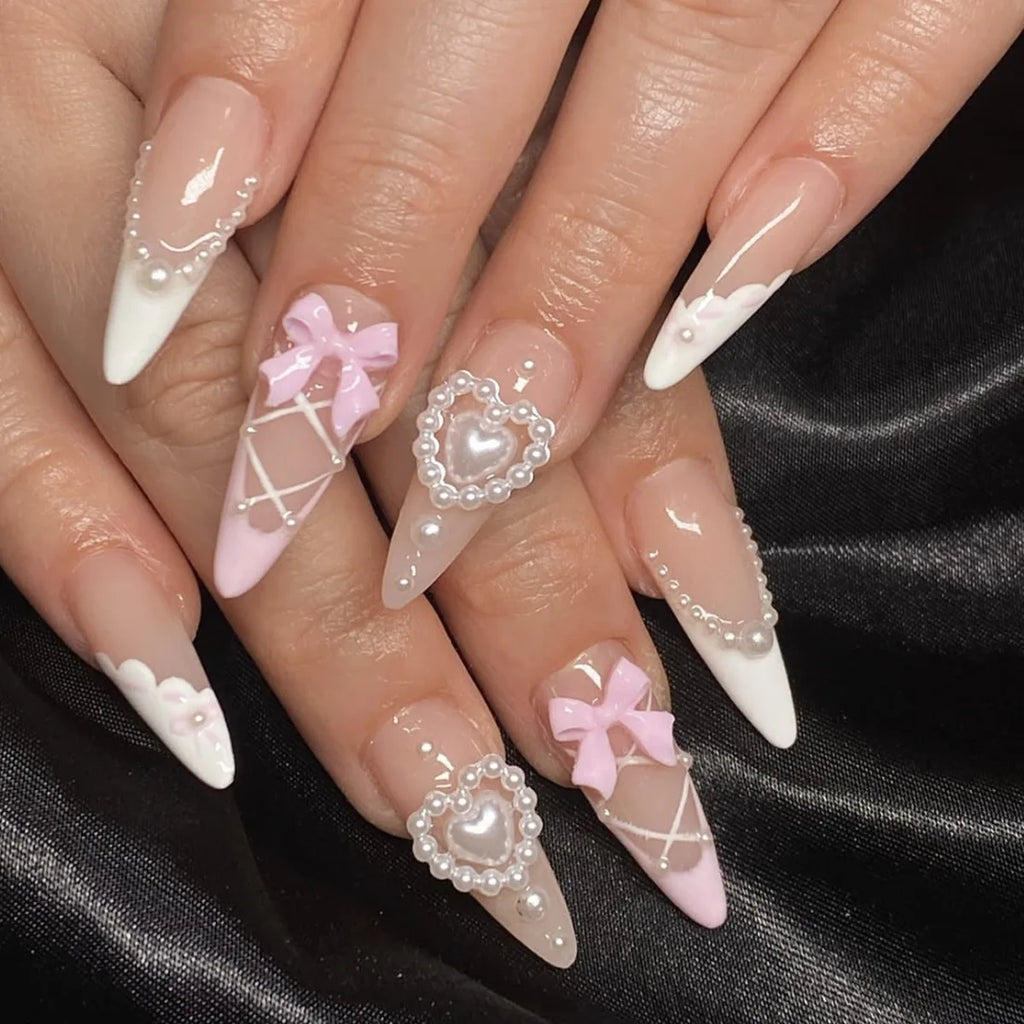 24 pièces doux oeil de chat français presse sur ongles diamant pointu tridimensionnel nœud papillon portable ongles pour femmes et fille amande ongles