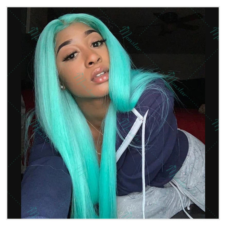 Perruque Verte 13x6 HD Lace Frontal – Cheveux Humains Vietnamiens Bruts Lisses Colorés pour Femme, Ligne Frontale Pré-Pluckée avec Baby Hair