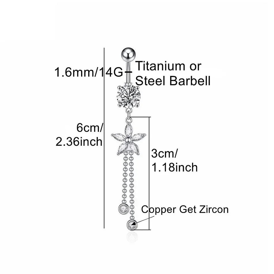 Piercing de nombril à filetage interne en titane – Bijou de nombril avec barre de piercing et pendentif décoratif. Orné d’une longue chaîne avec nœud, fleur ou papillon suspendu pour un look élégant et féminin.