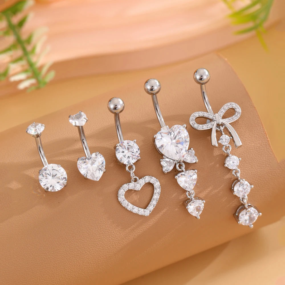 3-5 pièces ensembles de styles mixtes coeur fleur balancent nombril anneaux en acier inoxydable papillon incurvé Zircon ventre Piercing nombril anneau
