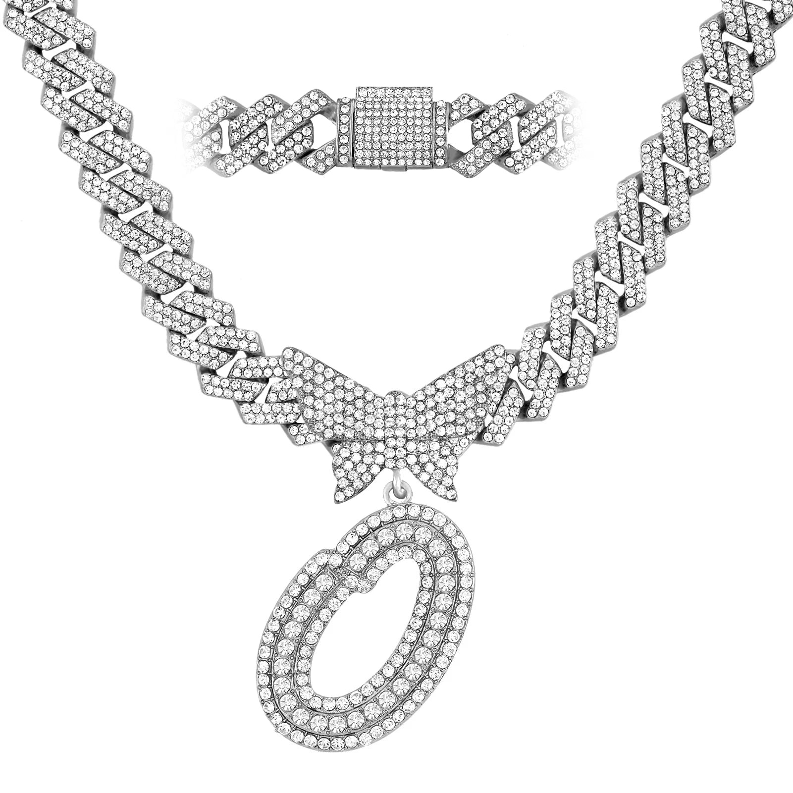 Collier chaîne cubaine 14 mm pour hommes et femmes, avec pendentif papillon en cristal et initiales, lettres cursives style “iced out”, bijou de style rappeur, nouveau bijou de mode.