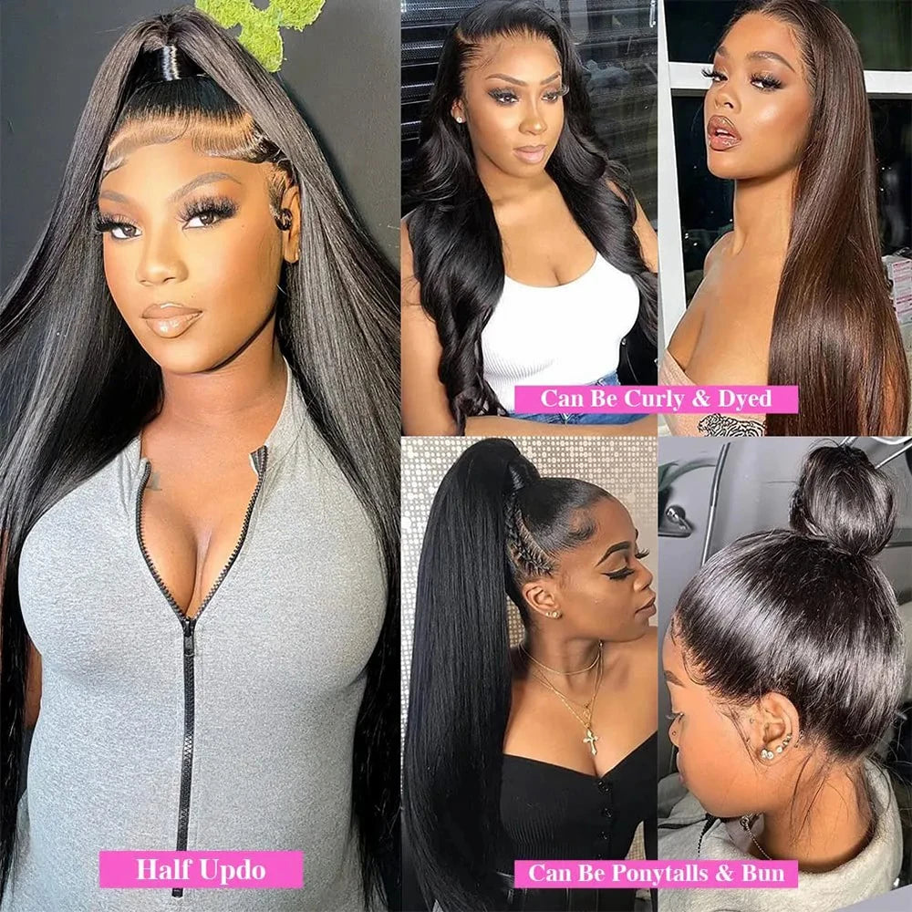 Perruque lisse en cheveux humains 13x4, 13x6, 360 Lace, 4x4 ou 5x5 Closure, pré-épilée avec une densité de 250 %. Disponible de 30 à 40 pouces pour un look ultra-long, volumineux et naturel.
