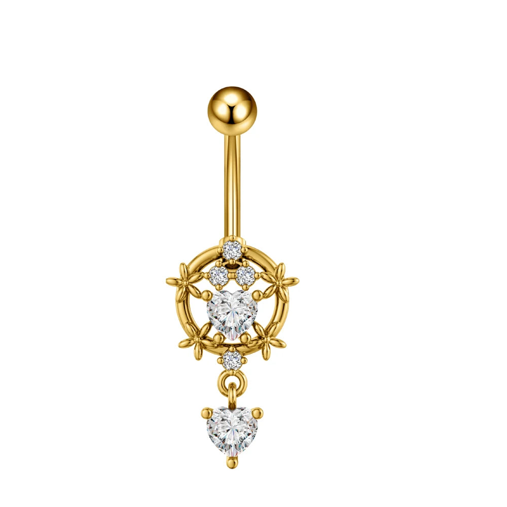 Anneaux de nombril série couleur or, carillon éolien, fleur pendante, cœur, anneau de ventre en acier inoxydable, bijoux de perçage de nombril, 1 pièce