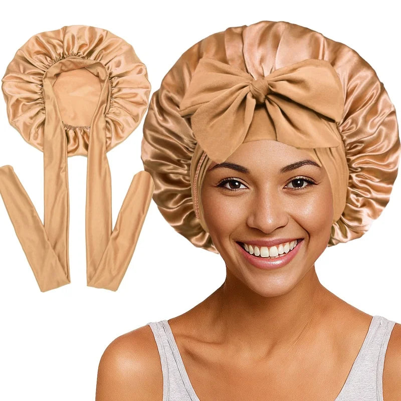 Nouveau bonnet de nuit en satin uni avec bande élastique extensible à nouer pour femmes, bonnet de douche ajustable, bonnet/turban pour couvrir les cheveux.