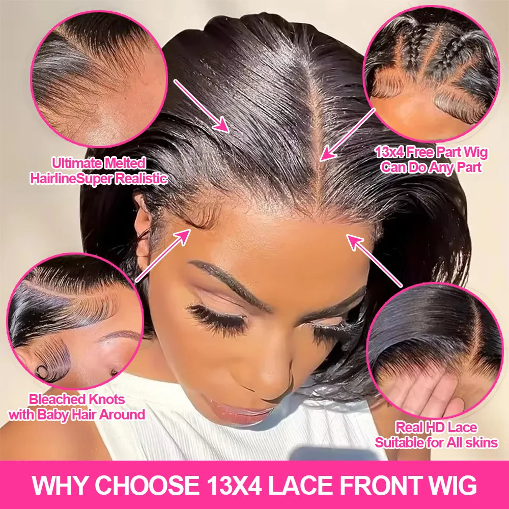 Perruque en cheveux humains 100 % naturels, coupe carré courte et lisse (Bone Straight), dotée d’une lace HD 13x6 pour un rendu discret et naturel. Densité de 250 % pour un volume généreux. Lace frontale HD 13x4