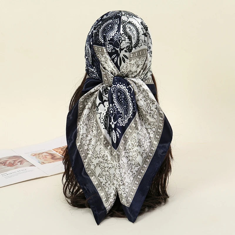 Foulard carré en soie pour femmes, nouveau Design de luxe, Style populaire, quatre saisons, protection solaire, foulard de plage, Hijab, 90x90CM