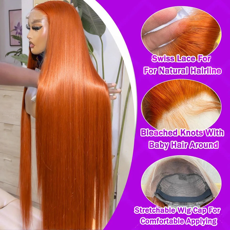 Perruque Lisse Orange Gingembre de 30 Pouces, Cheveux Humains Péruviens Colorés 350, Lace Frontale HD Transparente 13x6 13x4 pour Femmes