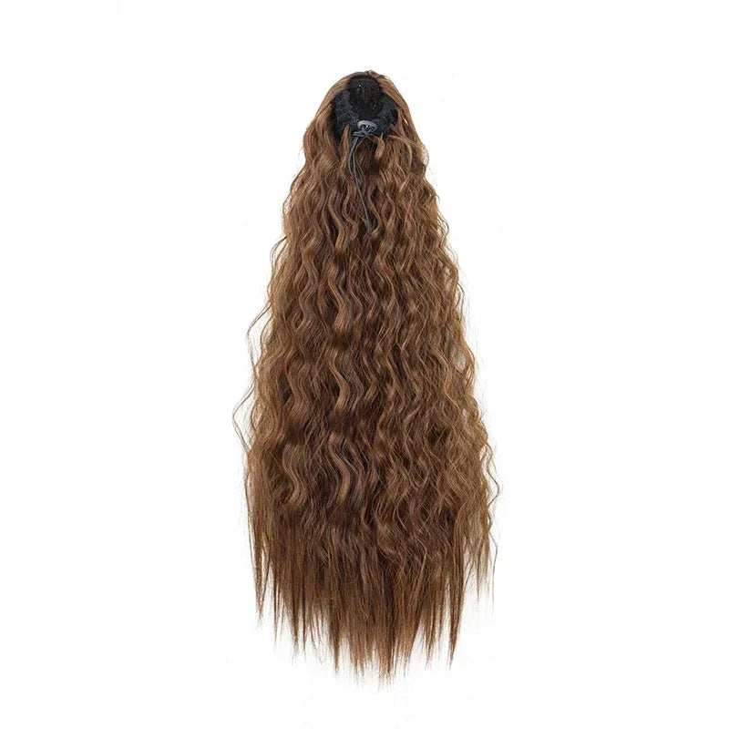 Queue de cheval synthétique longue et bouclée de 22 pouces, extension de cheveux à cordon de serrage, postiche noir à clipser pour femme