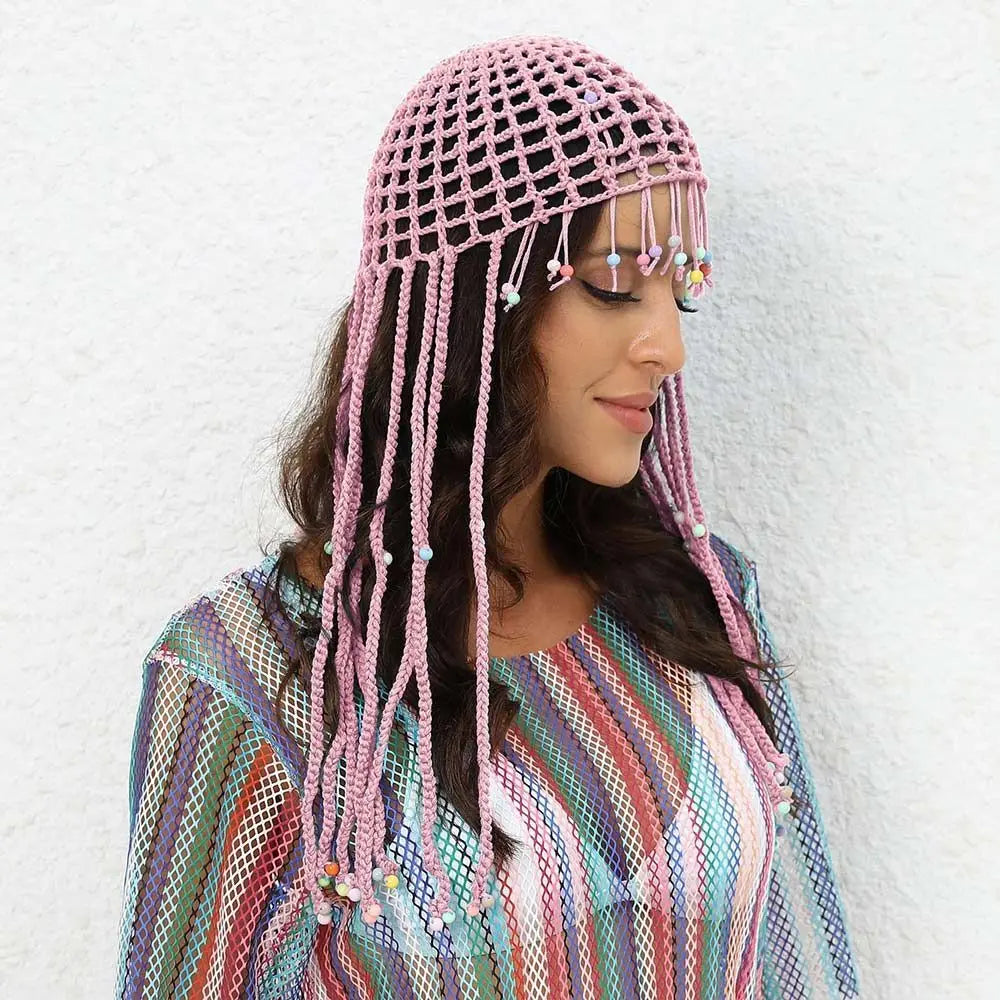 Chapeau tricoté ajouré respirant, béret Y2k fait à la main avec perles et pompons, chapeaux décontractés au Crochet pour femmes