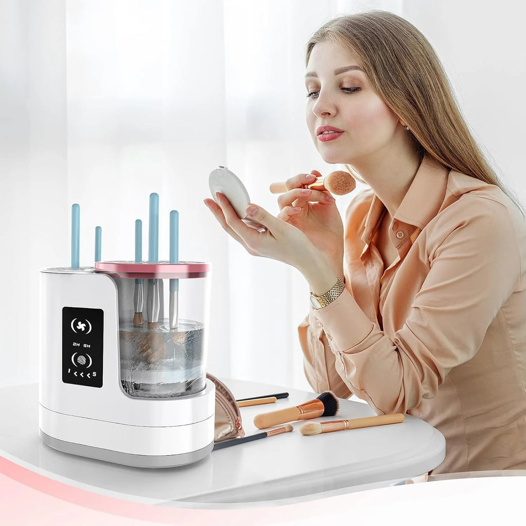 Machine de nettoyage de pinceaux de maquillage électrique 3 en 1 avec séchoir à pinceaux de maquillage, support portable, outil de nettoyage automatique USB pour tous les types de pinceaux de maquillage, fards à paupière