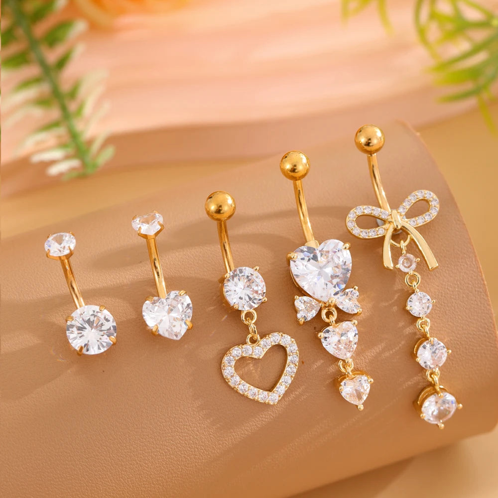 3-5 pièces ensembles de styles mixtes coeur fleur balancent nombril anneaux en acier inoxydable papillon incurvé Zircon ventre Piercing nombril anneau