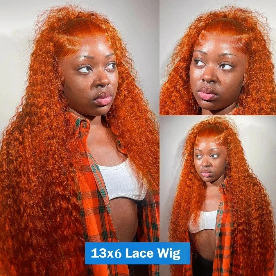 Perruques en cheveux humains ondulés profonds gingembre-orange, bouclées, avec dentelle frontale HD 13x6, effet vague d'eau, pré-plumées, brésiliennes, colorées, pour femmes