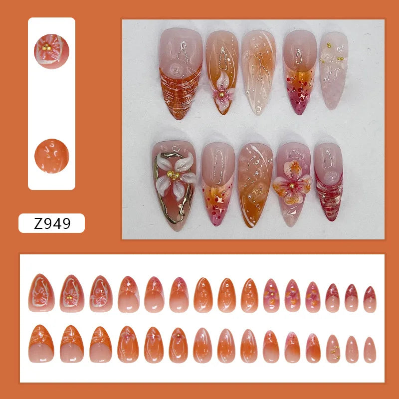 24 pièces de faux ongles à fleurs, style tendance, avec effet dégradé jaune et rose. Ongles portables à couverture complète, forme amande , à poser directement (Press-On Nails).