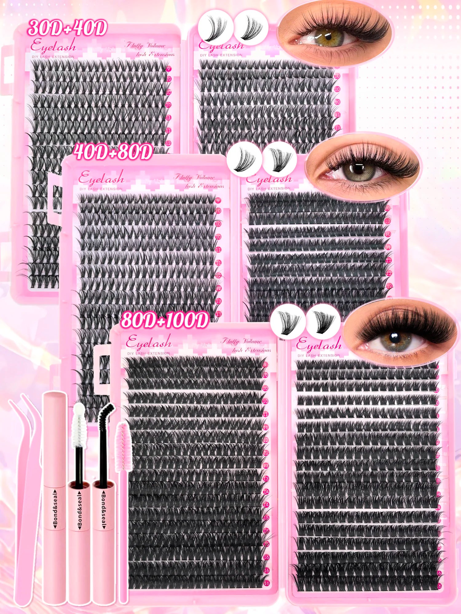 Kit d’extensions de cils DIY en bouquets – Faux cils individuels à poser soi-même, longueurs de 9 à 16 mm. Effet léger et naturel (wispy). Kit complet incluant colle (bond) et fixateur (seal) pour une meilleure tenue des cils