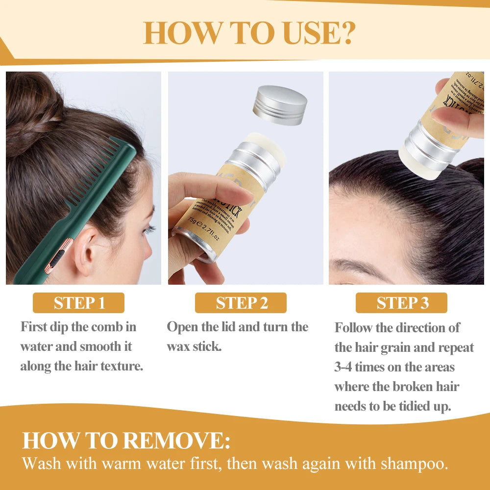 Stick de cire coiffante pour cheveux et perruques, formule professionnelle sous forme de gel-crème non grasse. Idéal pour lisser et discipliner les cheveux rebelles, les frisottis et les petits cheveux cassés. Convient aux hommes et aux femmes