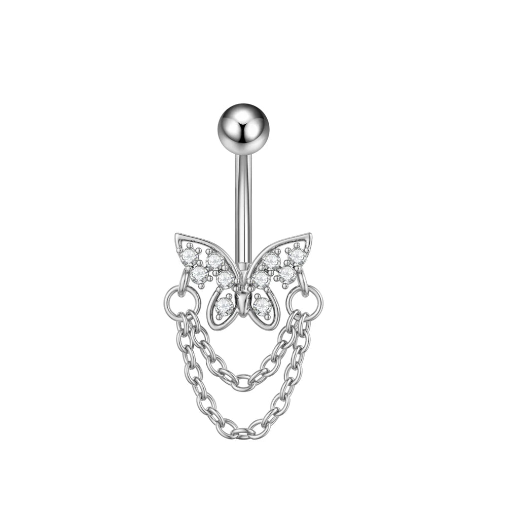 1 pièce Anneau de nombril incurvé en acier inoxydable couleur or avec cristaux CZ, motif papillon abeille, 14G, avec pendentif