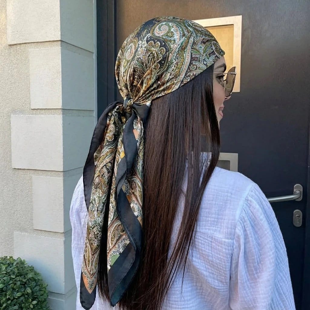 Hijabs en satin à imprimé paisley 90*90cm pour femmes, foulard carré de luxe, bandana, cheveux, foulard doux, hijab, écharpes pour cheveux