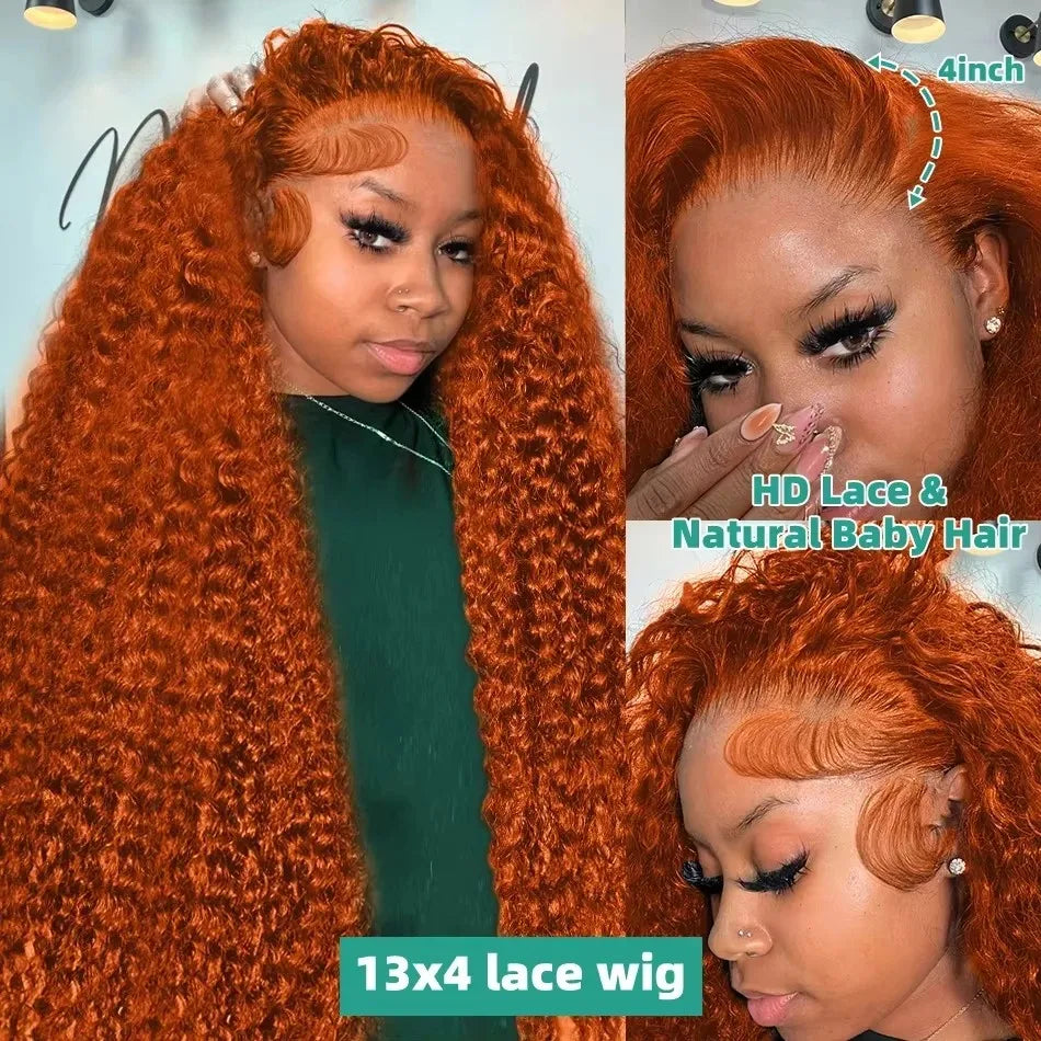Perruques en cheveux humains ondulés profonds gingembre-orange, bouclées, avec dentelle frontale HD 13x6, effet vague d'eau, pré-plumées, brésiliennes, colorées, pour femmes