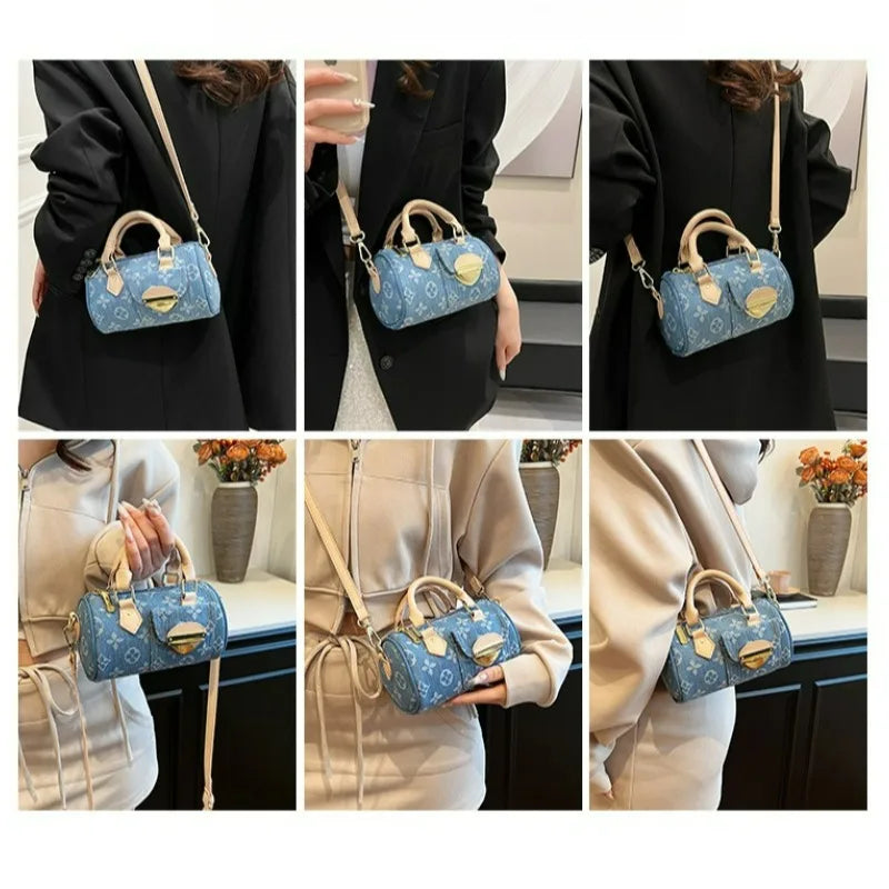 Sacs en jean tendance pour femmes, sacs bandoulière élégants et polyvalents, sacs à main cylindriques ronds à la mode