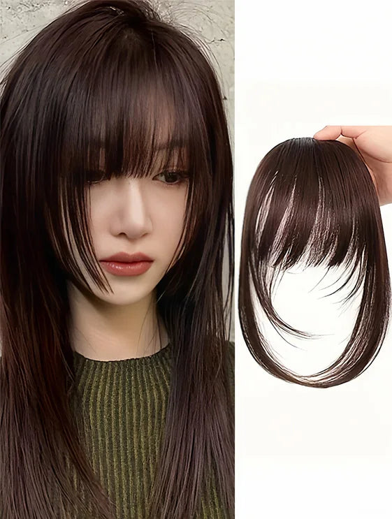 Frange à clipser en cheveux synthétiques, frange vaporeuse coupée avec favoris, aspect naturel marron foncé pour femmes, tenue de fête quotidienne