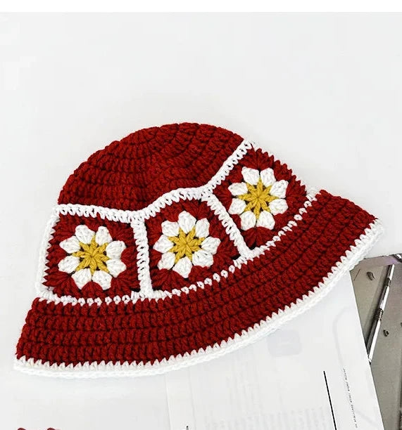 Chapeau seau coréen fait à la main au Crochet pour femmes, tissage tricoté, mode fleurs Y2k, bonnet de bassin, nouvelle collection automne hiver