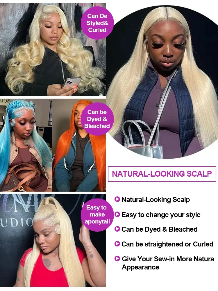 erruque en cheveux humains lisses de couleur blonde, dotée d’une lace frontale HD 13x6 ou 13x4 pour un effet naturel et une ligne capillaire discrète. Avec sa densité de 250 %, elle offre un volume généreux et une chevelure épaisse.