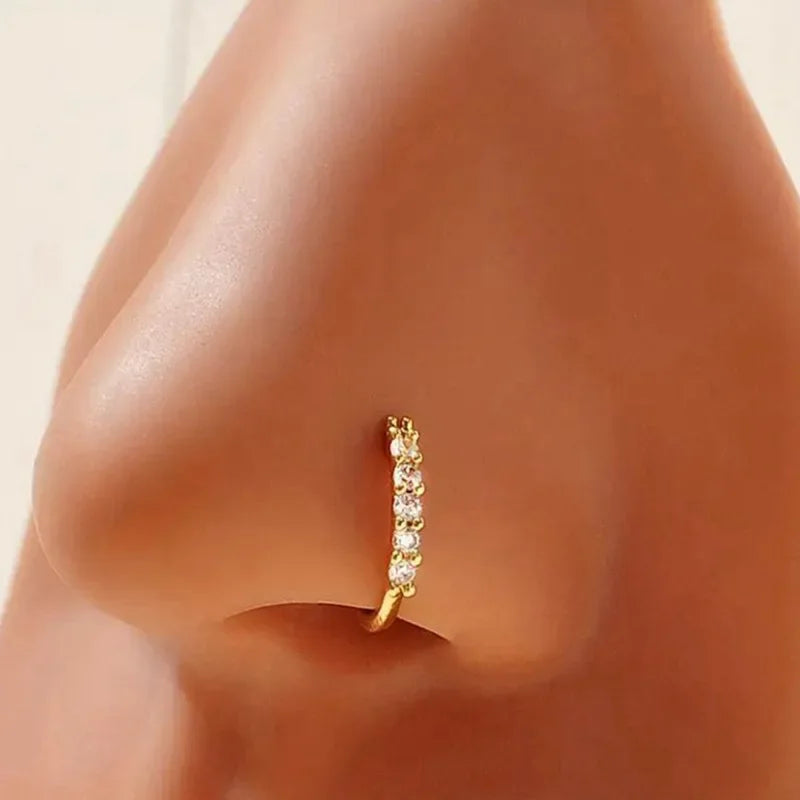 Anneaux de nez en Zircon miniatures à une rangée pour femmes, perceuse Fine exquise avec ouverture de perceuse, faux Piercing de nez, bijoux