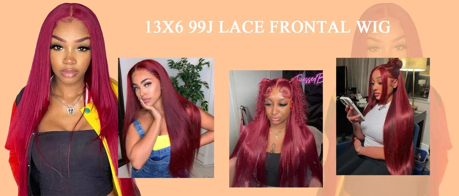 Perruque de cheveux humains lisses bordeaux avec dentelle frontale HD 13x6, 30-36 pouces, couleur rouge 99J, pour femmes