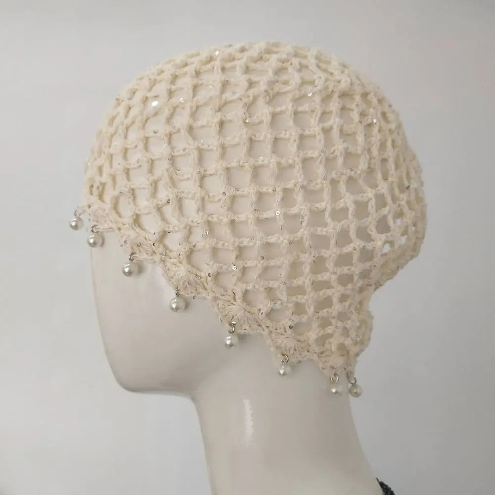 Bonnet en crochet ajouré tressé respirant avec perles et franges, style rétro, pour femme, été